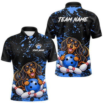 Maxcorners Blue Funny Dachshund Dog Custom Bowling Shirts for Men Bowling Team Jersey Polo & 1/4 Zip