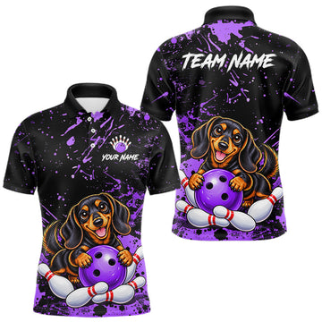 Maxcorners Purple Funny Dachshund Dog Custom Bowling Shirts for Men Bowling Team Jersey Polo & 1/4 Zip