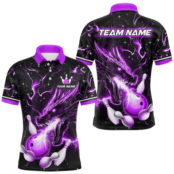 Maxcorners Purple Lightning Dragon Custom Bowling Shirts for Men Bowling Team Jersey Polo & 1/4 Zip