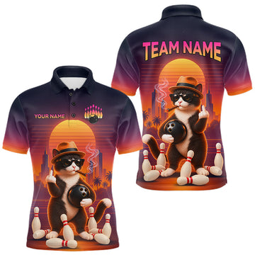 Maxcorners Funny Cat Retro Sunset Bowling Shirts for Men Custom Bowling Team Jerseys Bowling Tournament