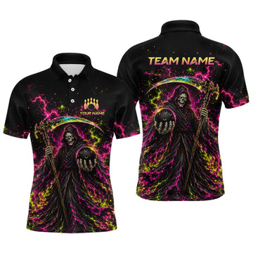 Maxcorners Flame Grim Reaper Bowling Team Shirts for Men Custom Bowling Gifts Bowler Polo & 1/4 Zip
