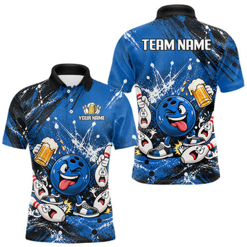 Maxcorners Blue Beer Bowling Ball and Pins Shirt, Custom Bowling Shirts for Men Bowling Team Jersey
