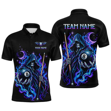 Maxcorners Custom Neon Flaming Grim Reaper 8 Ball Billiard Team Shirts for Men Billiard League Jerseys LM2709