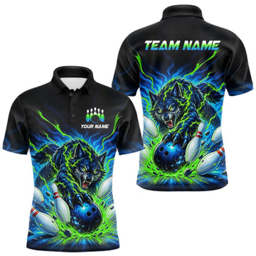 Maxcorners Custom Green Flame Wolf Bowling Team Shirts Bowling Jersey for Men Bowling League Shirts LM2709