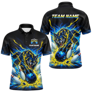 Maxcorners Custom Yellow Flame Wolf Bowling Team Shirts Bowling Jersey for Men Bowling League Shirts LM2709