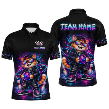 Maxcorners Custom Neon Galaxy Funny Cat Bowling Team Shirts Bowling Jersey for Men Bowling League LM2709
