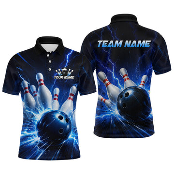 Maxcorners Custom Blue Thunder Bowling Jersey for Men Bowling Team Shirts Bowling League Polo & 1/4 Zip
