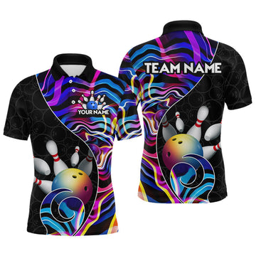 Maxcorners Custom Blue Neon Wave Bowling Team Shirts, Strike Bowling Shirts For Men Bowling Jersey LM0208
