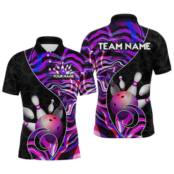 Maxcorners Custom Purple Neon Wave Bowling Team Shirts, Strike Bowling Shirts For Men Bowling Jersey LM0208
