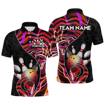 Maxcorners Custom Red Neon Wave Bowling Team Shirts, Strike Bowling Shirts For Men Bowling Jersey LM0208