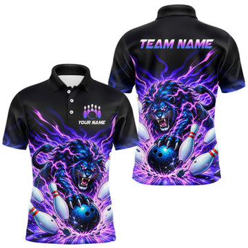 Maxcorners Custom Purple Flame Lion Bowling Team Shirts for Men Bowling League Shirts Polo & 1/4 Zip LM0410