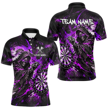 Maxcorners Custom Purple Grim Reaper Flame Dart Shirts for Men Dart Team Jerseys Dartboard Outfit LM0510