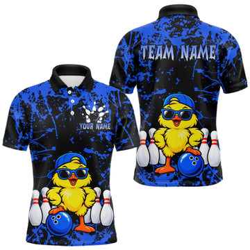 Maxcorners Custom Blue Funny Chick Bowling Team Shirts for Men Chicken Bowling League Polo & 1/4 Zip