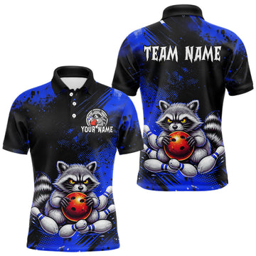 Maxcorners Blue Funny Raccoon Custom Bowling Jersey for Men Bowling Team Shirts Bowling Polo & 1/4 Zip