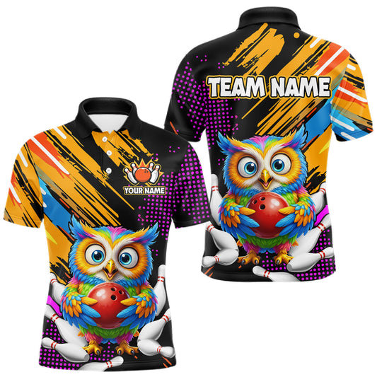 Maxcorners Custom Funny Colorful Owl Bowling Jersey for Men Bowling Uniform Polo & 1/4 Zip Bowling Team Shirts