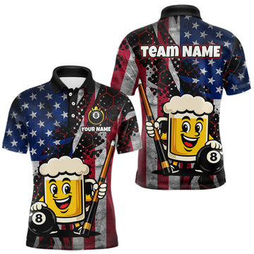 Maxcorners Custom Funny US Flag Beer 8 Ball Pool Billiard Shirt for Men Polo & 1/4 Zip, Billiard Team Jerseys LM2602