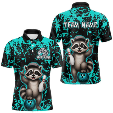 Maxcorners Turquoise Funny Raccoon Bowling Jersey for Men Bowling League Bowling Team Shirts Polo & 1/4 Zip LM2709
