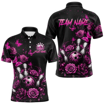 Maxcorners Custom Pink Rose and Butterfly Bowling Shirt for Men Bowling Team Shirts Bowling League