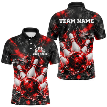 Maxcorners Custom Red Broken Glass Bowling Balls And Pins Bowling Team Shirts For Men Bowling Tournament