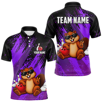 Maxcorners Custom Purple Funny Beaver Bowling Team Jersey Bowling Shirts for Men Bowling League