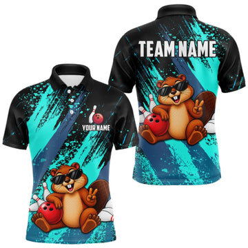 Maxcorners Custom Turquoise Funny Beaver Bowling Team Jersey Bowling Shirts for Men Bowling League LM1910