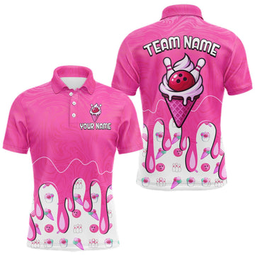 Maxcorners Custom Pink Ice Cream Drip Bowling Ball Pins Bowling Jerseys for Men Team Polo & 1/4 Zip LM0409