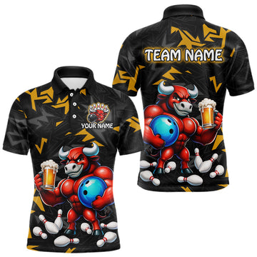 Maxcorners Custom Yellow Beer Bull Bowling Shirt for Men Bowling Team Shirts Bowling League