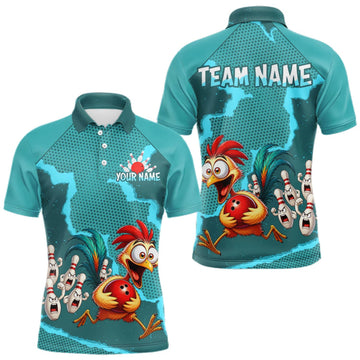 Maxcorners Turquoise Funny Chicken Bowling Team Shirt For Men, Rooster Bowling Jerseys Polo & 1/4 Zip LM0409