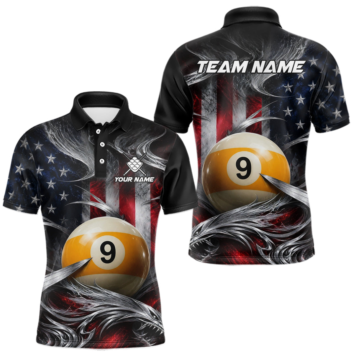 Maxcorners Custom Silver Smoke American Flag 9 Ball Billiard Team Shirts Billiard Jersey for Men