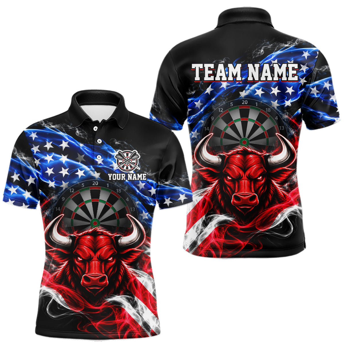 Maxcorners Smoke USA Flag Bull Dartboard Shirt Custom Darts Team Jersey for Men Patriotic Polo & 1/4Zip