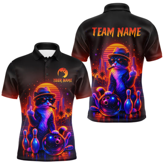 Maxcorners Custom Funny Cat Bowling Jersey for Men Bowling Tournament Polo & 1/4 Zip Bowling Team Shirts