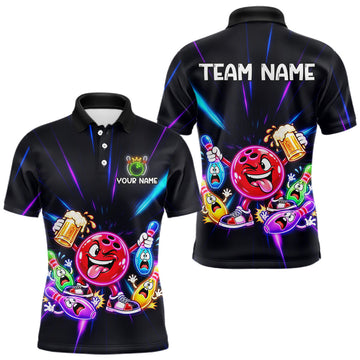 Maxcorners Funny Neon Bowling Ball and Pins Shirt, Custom Bowling Team Jersey for Men, Bowling League