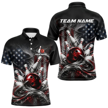 Maxcorners Custom American Flag Smoke Strike Bowling Team Shirts Bowling Jersey for Men Bowling League LM2709