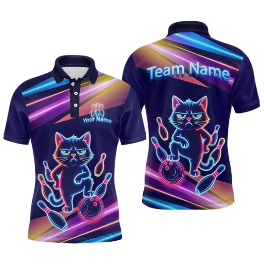 Maxcorners Custom Funny Cat Neon Bowling Jerseys for Men Bowling League Polo & 1/4 Zip Bowling Team Shirts LM2201