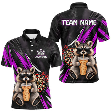 Maxcorners Custom Purple Funny Raccoon Drinking Iced Coffee Darts Team Shirts for Men Polo & 1/4 Zip