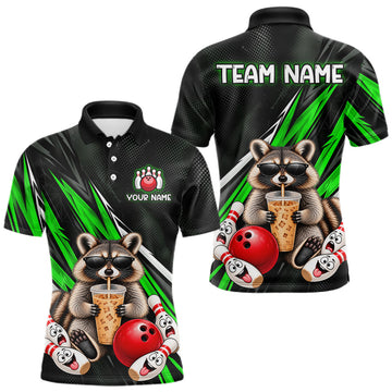 Maxcorners Green Funny Raccoon Drinking Iced Coffee Bowling Shirt, Custom Bowling Team Shirts for Men