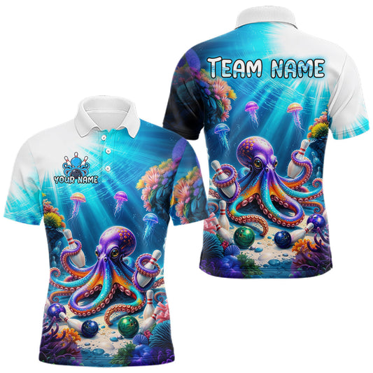 Maxcorners Custom Octopus Funny Ocean Theme Bowling Shirt for Men Bowling Team Shirts Bowling League