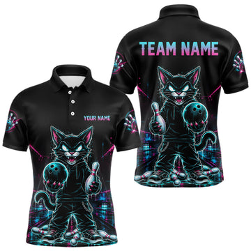 Maxcorners Custom Neon Cat Bowling Jersey for Men Bowling League Bowling Team Shirts Polo &1/4 Zip