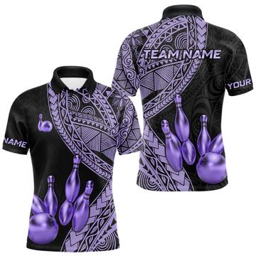 Maxcorners Black and Purple Tribal Pattern Bowling Jersey for Men Bowling Uniform Bowling Team Shirts LM0503