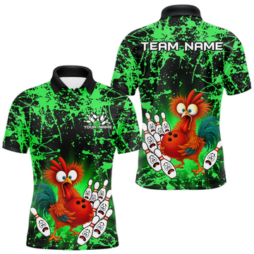Maxcorners Green Funny Chicken Bowling Jersey for Men Bowling League Bowling Team Shirts Polo & 1/4 Zip LM0503