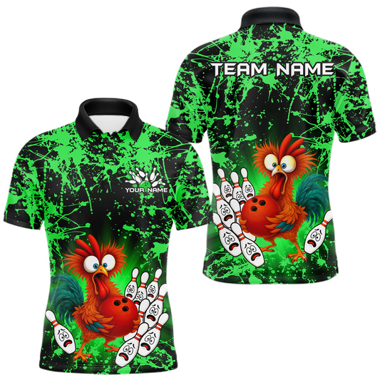 Maxcorners Green Funny Chicken Bowling Jersey for Men Bowling League Bowling Team Shirts Polo & 1/4 Zip LM0503