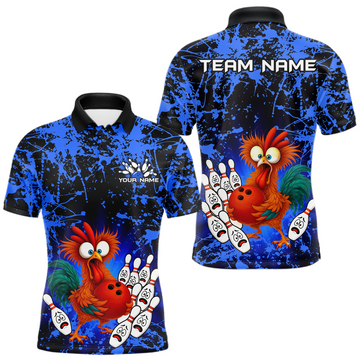 Maxcorners Blue Funny Chicken Bowling Jersey for Men Bowling League Bowling Team Shirts Polo & 1/4 Zip LM0503