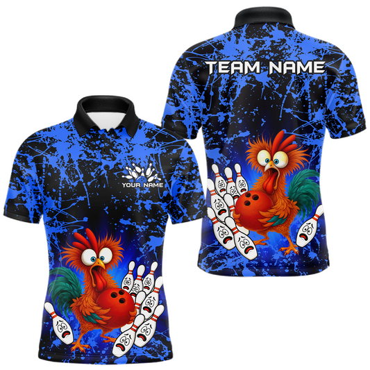 Maxcorners Blue Funny Chicken Bowling Jersey for Men Bowling League Bowling Team Shirts Polo & 1/4 Zip LM0503