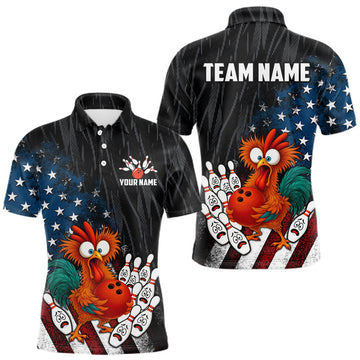 Maxcorners Custom American Flag Funny Chicken Bowling Jersey for Men Bowling Team Shirts Polo & 1/4 Zip