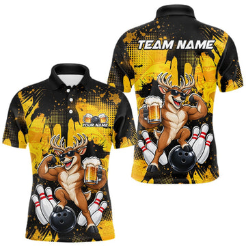 Maxcorners Custom Funny Deer With Beer Bowling Team Shirts for Men Bowling Outfit Polo & 1/4 Zip LM2709