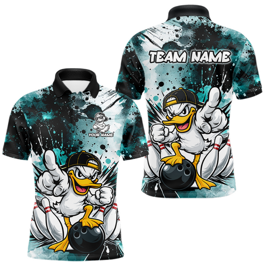 Custom Watercolor Teal Duck Bowling Jersey for Men Bowling Team Shirts Polo & 1/4 Zip LM1203