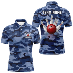 Maxcorners Custom Blue Camo Bowling Jersey for Men Bowling Team Shirts Bowling Uniform Polo & 1/4 Zip LM1112