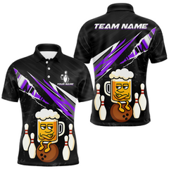 Maxcorners Custom Purple Funny Beer Bowling Jersey for Men Bowling Team Shirts Polo & 1/4 Zip LM1112
