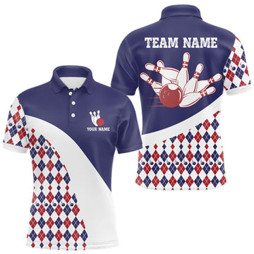 Maxcorners Custom Blue Red Argyle Pattern Bowling Jersey for Men Bowling Team Shirts Polo & 1/4 Zip LM1508