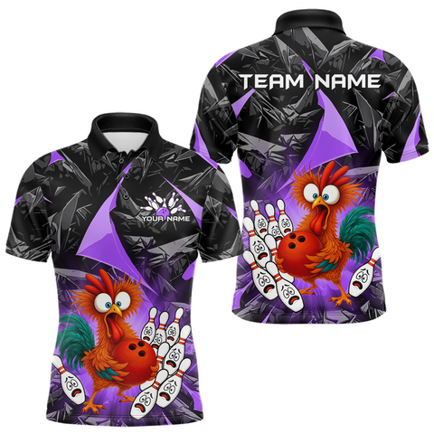 Maxcorners Custom Purple Funny Chicken Bowling Jersey for Men Bowling Team Shirts Polo & 1/4 Zip TU0411